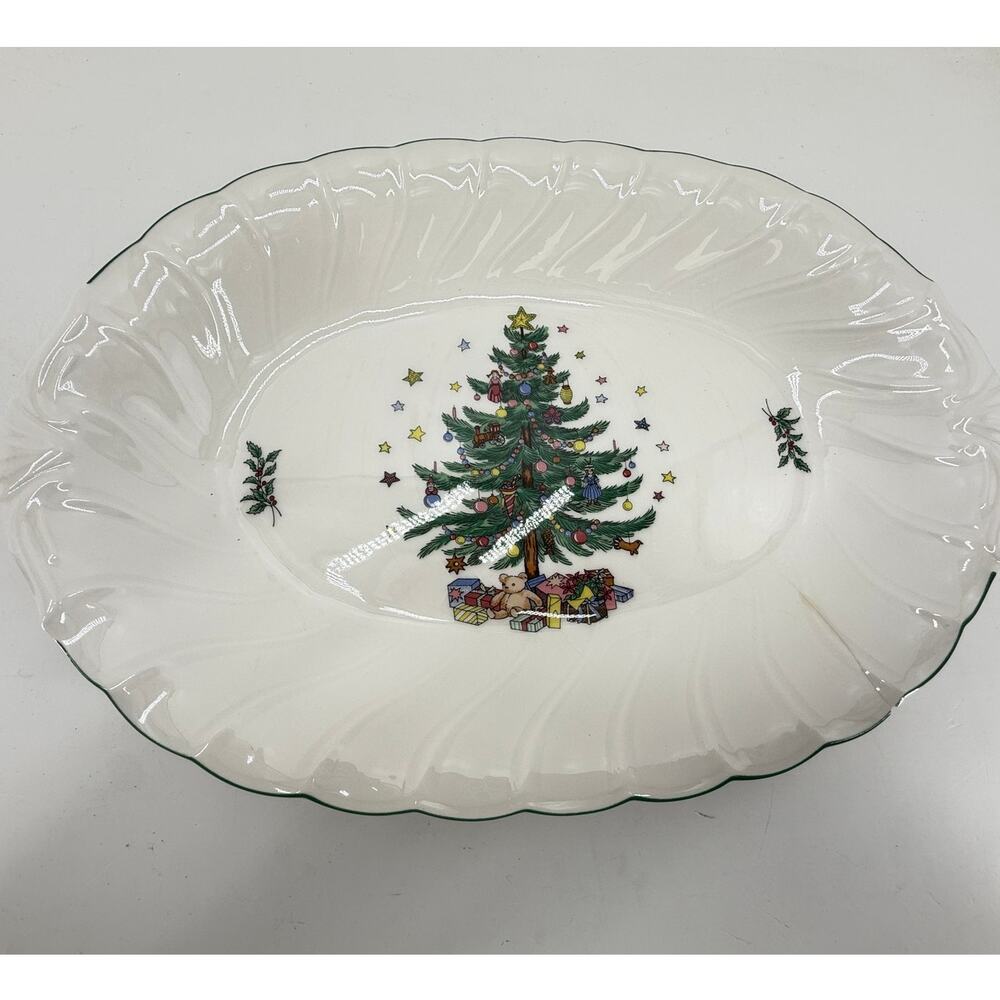 Nikko Happy Holidays Christmas Tree Oval Serving Platter 14 Inch Japan CRACK